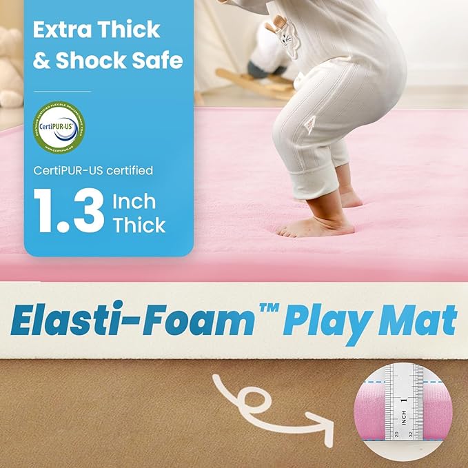 1.3" Thick Baby Floor Play Mat, 59x79 Padded Foam Tummy Time Crawling Mat, Non-Slip Water-Repellent Soft Plush Nursey Area Rug for Playroom Bedroom Living Room (Pink)