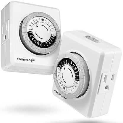 Fosmon Outlet Timers for Electrical Outlets, 24-Hour Dual Plug in Light Timers Programmable Indoor, Heavy Duty Electric Wall Plugs for Reptile, Grow Light, Grounded, 3 Prong/15A/1875W-2 Pack