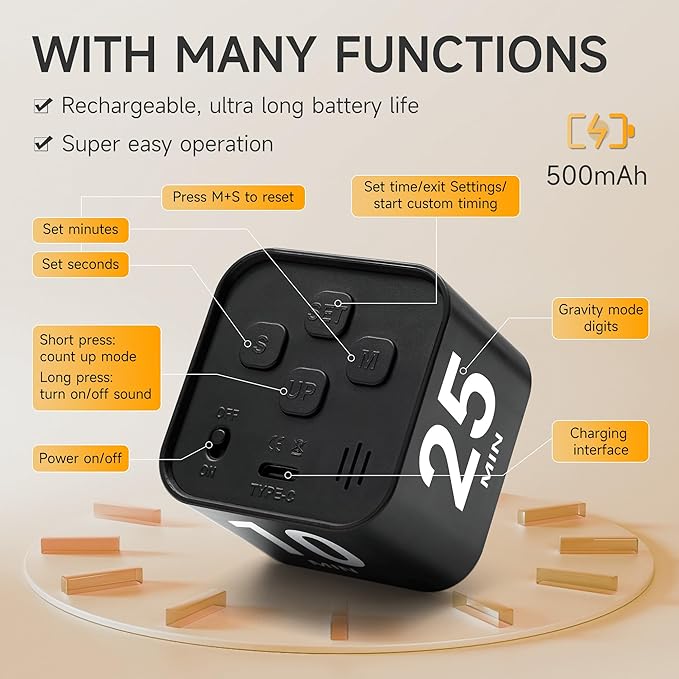 Rotating Productivity Timer 5, 25, 10, 50 Minutes Preset, Desk Cube w/Gravity Sensor for ADHD, Mute Functions, Ideal for Work, Study, Kitchen, Back to School (1, Black)