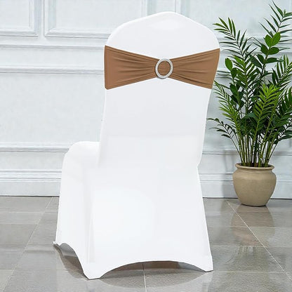 MDS Pack of 125 Spandex Chair Sashes Bows Universal fits Elastic Stretch Chair Bands Ties with Buckle Slider Bow for Wedding Decoration Spandex Slider Sashes Bow - Mocha