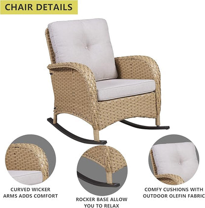 HUMMUH Patio Wicker Rocking Chairs Set of 2 Rattan Outdoor Rocking Chairs for Front Porch Garden Backyard Lawn Balcony Weather Rocker Chair with Side Table