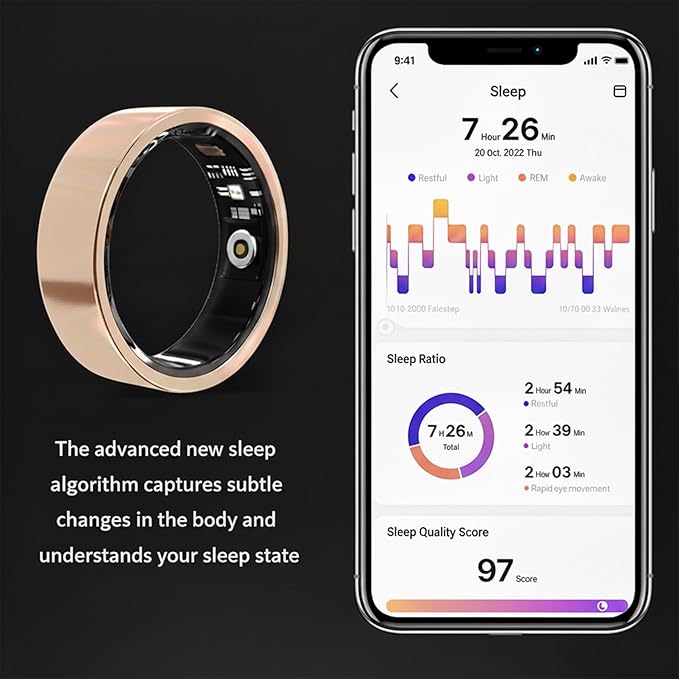 Smart Ring for Women Men, Fitness & Health Tracker with Vital Signs Monitoring, Sleep Tracker, Remote Photography, No Subscription(Gold,8#)