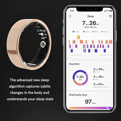 Smart Ring for Women Men, Fitness & Health Tracker with Vital Signs Monitoring, Sleep Tracker, Remote Photography, No Subscription(Gold,8#)