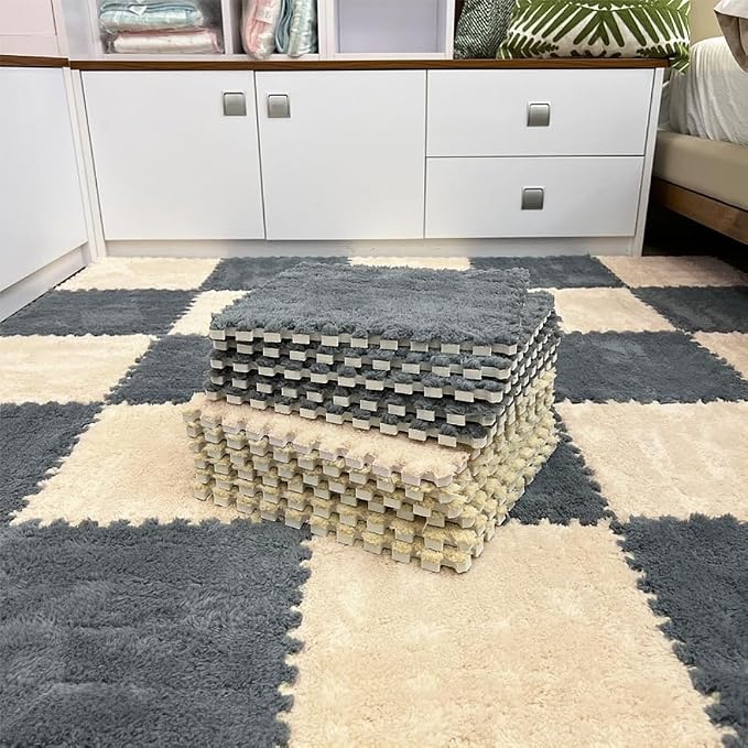 12pcs Carpet Squares Puzzle Floor Mat, Plush Interlocking Carpet Tiles