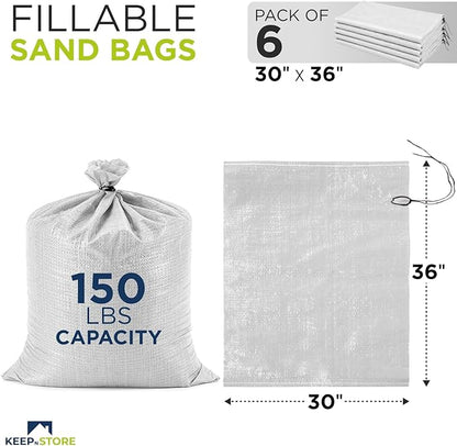 Heavy Duty Sand Bags Pack of 6, White Empty Sandbags with Built-In Ties, Woven Polypropylene UV Protection 1600 Hours, Fillable Bags for Flood Control, Weight, 30x36 inches, 150 Pounds Volume