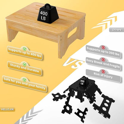 Wooden Step Stool for Adults & Kids, Non-Slip Rubber Feet, 6.5 Inch High, Lightweight Small Step, 400 Lbs Capacity, Bed Step Stool for High Bed, Bathroom & Kitchen, Bamboo