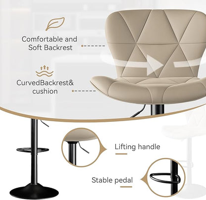 Bar Stools Set of 2,Adjustable Swivel Barstools, Faux Leather Bar Chairs,Upholstered Counter Height with High Backrest for Kitchen Island,Khaki