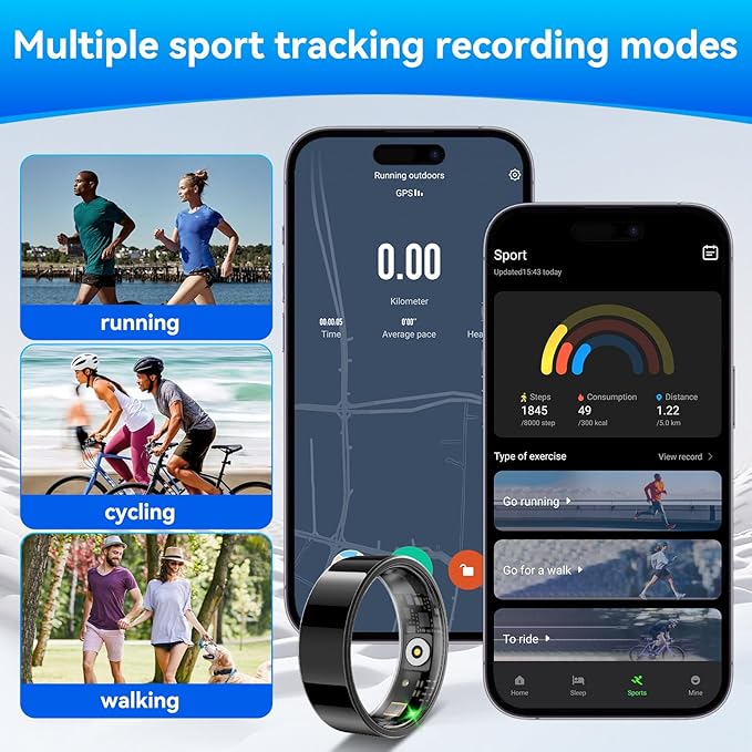 Smart Fitness and Activity Ring for Men and Women - Track Heart Rate Stress Sleep Steps and Blood Oxygen, 10ATM Waterproof Fitness Tracker for iPhone and Android, No Subscription Fee, Size 11