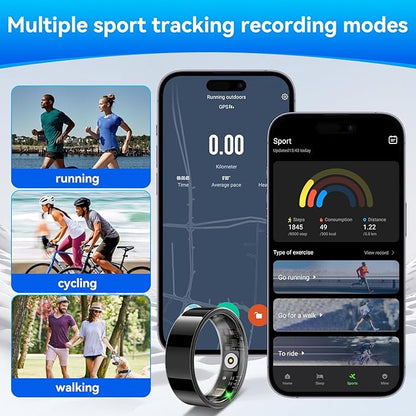 Smart Fitness and Activity Ring for Men and Women - Track Heart Rate Stress Sleep Steps and Blood Oxygen, 10ATM Waterproof Fitness Tracker for iPhone and Android, No Subscription Fee, Size 11