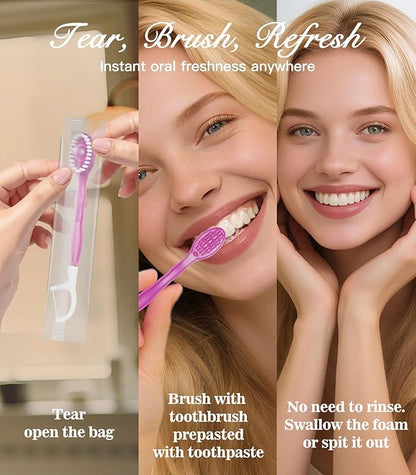 12 Pack 5 in 1 Disposable Mini Toothbrushes with Toothpaste, Floss, Pick & Tongue Scraper, Individually Wrapped, Portable Toothbrush Travel Set for Kids Adults, Sakura Flavor