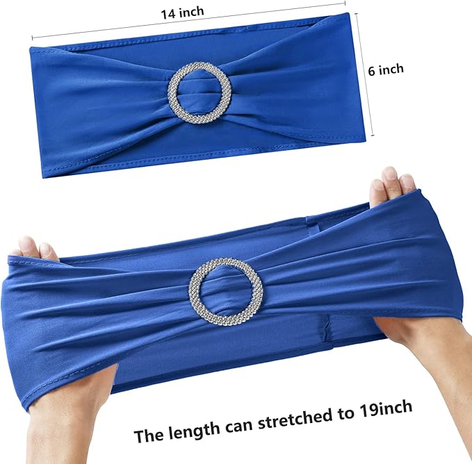 Spandex Royal Blue Chair Sashes 50 Pack, Blue Chair Bands for Wedding Party Graduation Gender Reveal Decor, Blue Chairs Bows Ties