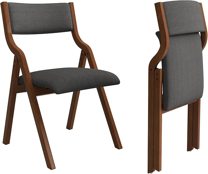 Folding Dining Chairs Set of 2, Upholstered Kitchen Chair with Padded Seat & Backrest, Modern Sidechair with Wood Legs,No Assembly Needed,Dark Grey+Walnut