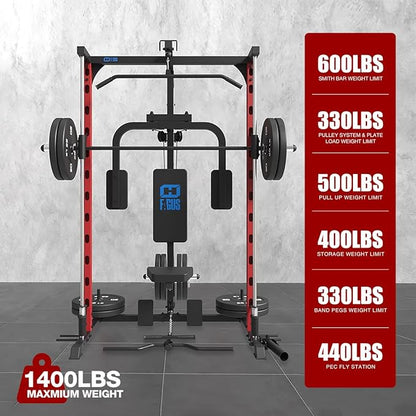 FAGUS Smith Machine Home Gym Power Cage with Pulley System, Space Saving Design Squat Rack with Full Body Strength Training Attachments, PEC Station & Fixed Cable Crossover Optional