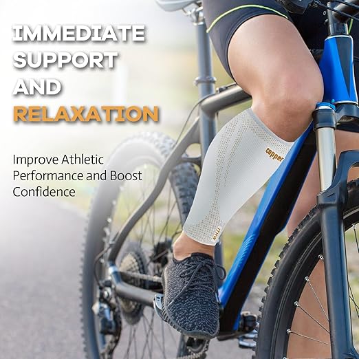 Copper Calf Compression Sleeves for Men & Women - High Stretch Graduated Compression with Anti-Slip Grip | Breathable & Smooth Lining Footless Design for Runners, Shin Splints, Leg Fatigue & Travel (Light Gray, Small)