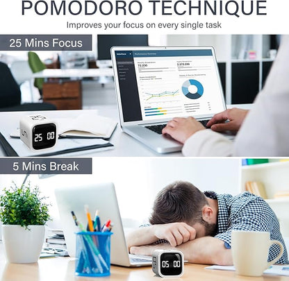 Rotating Pomodoro Timer 5, 25, 10 50 Minutes Preset, Desk Productivity Flip Timer, Cube Countdown Stopwatch for ADHD, Vibration/High/Low Volume, for Work, Study, Back to School, Kitchen, 2 White
