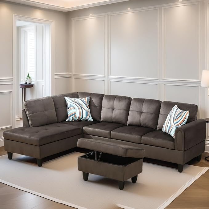 L Shaped Sectional Couches for Living Room, Modern Modular Sectional Sofa with Ottoman Storage, Comfy L Shaped Couch with Chaise for Bedroom Apartment Furniture, Coffee