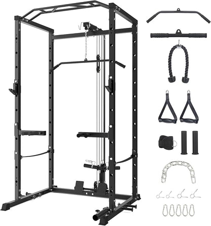 Power Cage with LAT Pulldown Machine - Squat Rack for Home Gym, Multi-Functional Weight Cage with Cable Pulley System, Dip Bars & Landmine Attachment