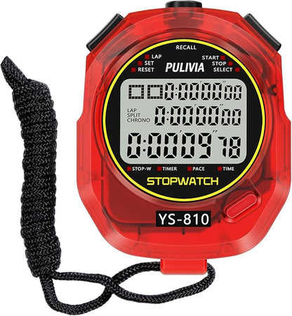 Stopwatch Timer 10 Splits/Laps Digital Stop Watch for Sports, Countdown Alarm Clock Date Memory Recall Large Display, Stopwatch for Coaches PE-Teacher Referee (red, 10 Splits/laps)