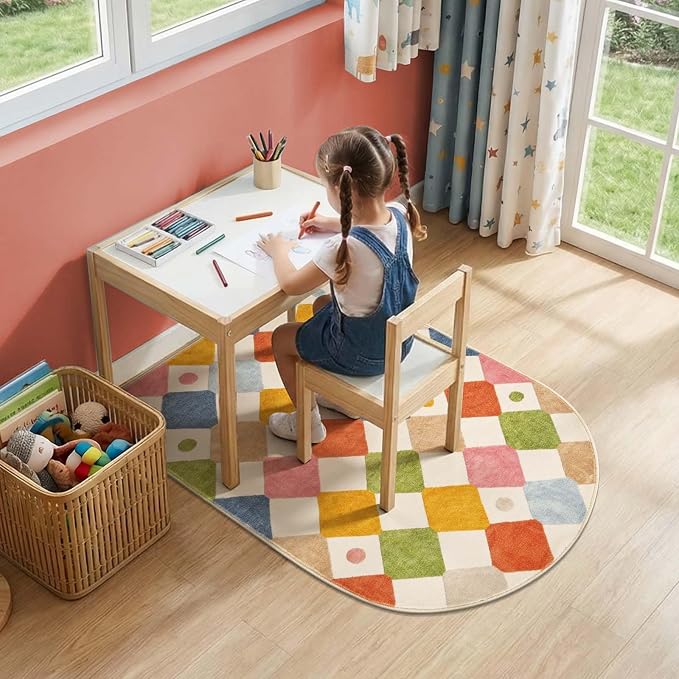 jinchan Macy Arched 3x5 Washable Kids Area Rug, Modern Colorful Checkered