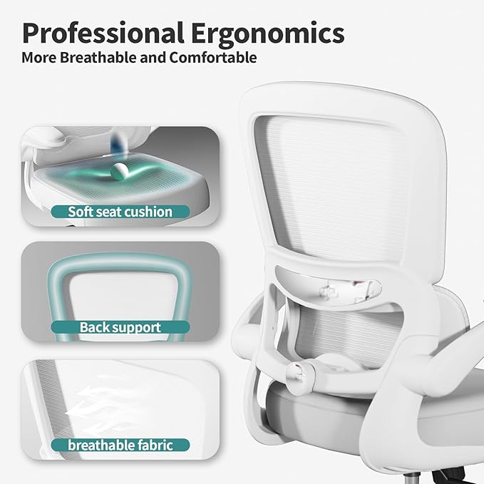 Office Chair - Ergonomic Desk Chair with Adjustable Lumbar Support, Mesh Computer Chair, Executive Chair for Home Office Comfortable Lumbar Support (White White)