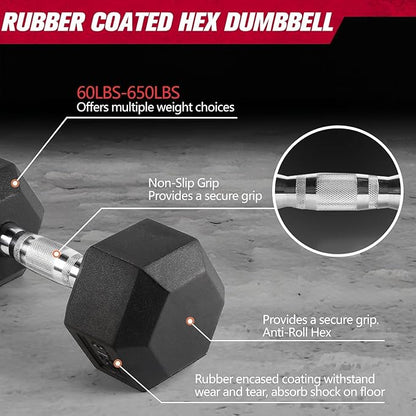RitFit 250LB/300LB/350LB/550LB/650LB Rubber Hex Dumbbell Sets with Weights Rack, Multiple Color Choices Available, Great Gym Equipment for Home, Strength Training, Workouts