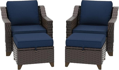 4 Pieces Patio Conversation Furniture Set - 2 Chairs with Ottomans Set of 2, Outdoor Wicker Armchairs with Water-Resistant and Washable Cushions for Porch, Balcony, Sunroom (Navy Blue)