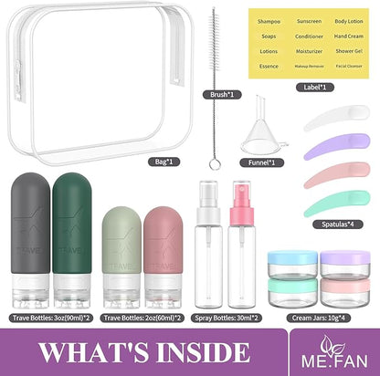 ME.FAN 18 Pack Travel Bottles for Toiletries, TSA Approved Travel Size Containers Set, Silicone Squeezable Portable Split Bottle, Travel Accessories for Conditioner, Shampoo, Lotion - Morandi