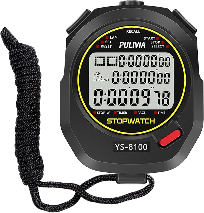 Stopwatch Timer 10 Splits/Laps Digital Stop Watch for Sports, Countdown Alarm Clock Date Memory Recall Large Display, Stopwatch for Coaches PE-Teacher Referee (Black, 100 Splits/laps)