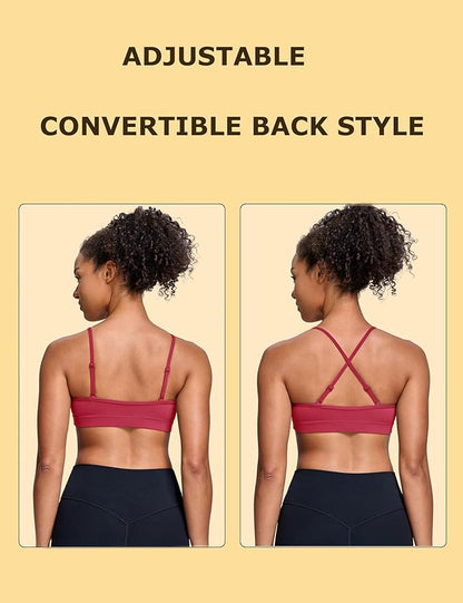 Oalka V Neck Sports Bra for Women Adjustable Padded Thin Straps Wireless Yoga Bras
