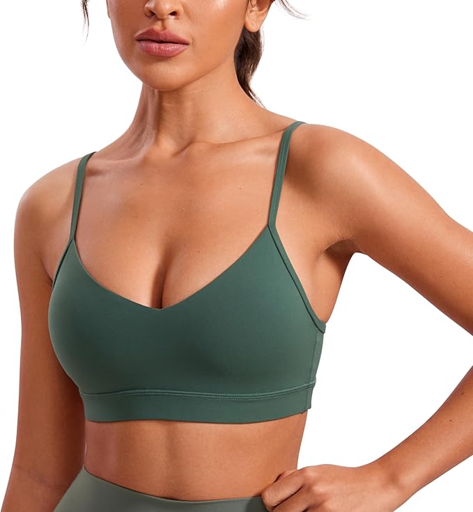 CRZ YOGA Butterluxe V-Neck Sports Bras for Women - Adjustable Thin Straps Padded Yoga Top Basic Wireless Camisole