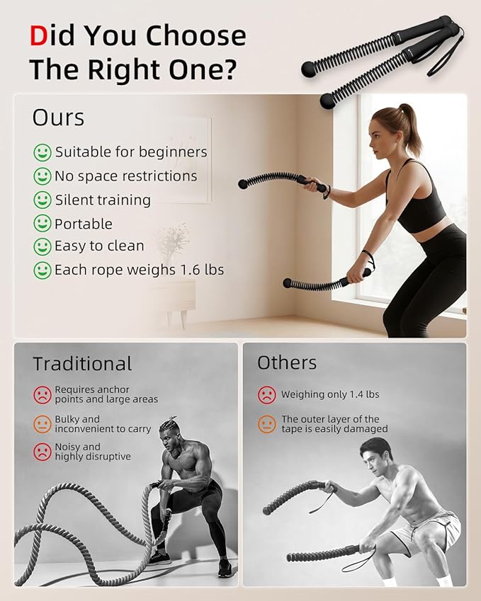 Abahub Weighted Ropeless Battle Rope, Portable Silent Home Workout Equipment, Space Saving Home Gym with Workout Gloves, HIIT and Low-Impact Aerobic Training for Men & Women, 2PCS Black