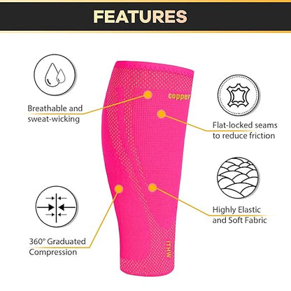 Copper Calf Compression Sleeves for Men & Women - High Stretch Graduated Compression with Anti-Slip Grip | Breathable & Smooth Lining Footless Design for Runners, Shin Splints, Leg Fatigue & Travel (Pink, X-Large)