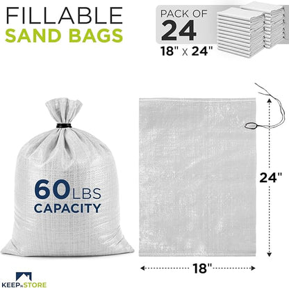 Heavy Duty Sand Bags Pack of 24, White Empty Sandbags with Built-In Ties, Woven Polypropylene UV Protection 1600 Hours, Fillable Bags for Flood Control, Weight, 18x24 inches, 60 Pounds Volume