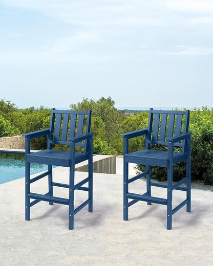 Adirondack Bar Chair Set of 2, HDPE Tall Adirondack Chairs Bar Stools with Footrest, Outdoor Bar Height Stool Chair Set, HDPE Patio Barstools Set for Poolside, Balcony, Garden, Navy