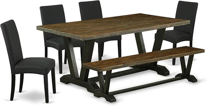 East West Furniture V677DR124-6 6 Piece Dining Table Set Contains a Rectangle Wooden Table with V-Legs and 4 Black Color Linen Fabric Parson Chairs with a Bench, 40x72 Inch, Multi-Color