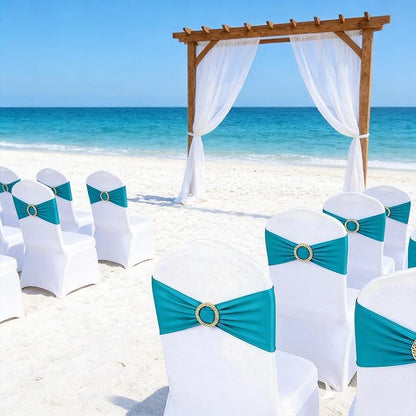 Turquoise Chair Sashes 50 Pack, Spandex Turquoise Chair Bows with Gold Buckle for Wedding Decoration, Chairs Bands for Party Banquet Gender Reveal Décor