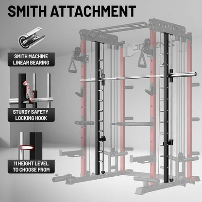 JELENS Smith Machine for Home Gym, Multi-Function M12 Power Cage with Cable Crossover System, Squat Rack with Smith Bar and More Attachment