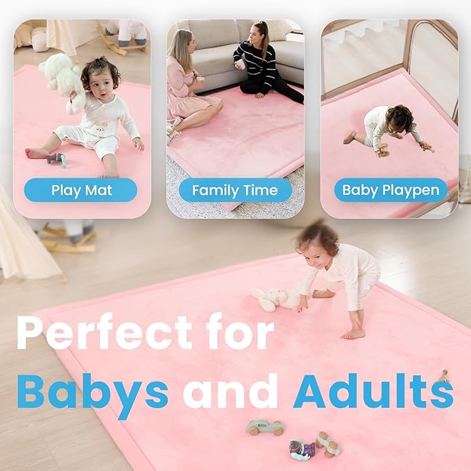 1.3" Thick Baby Floor Play Mat, 59x79 Padded Foam Tummy Time Crawling Mat, Non-Slip Water-Repellent Soft Plush Nursey Area Rug for Playroom Bedroom Living Room (Pink)