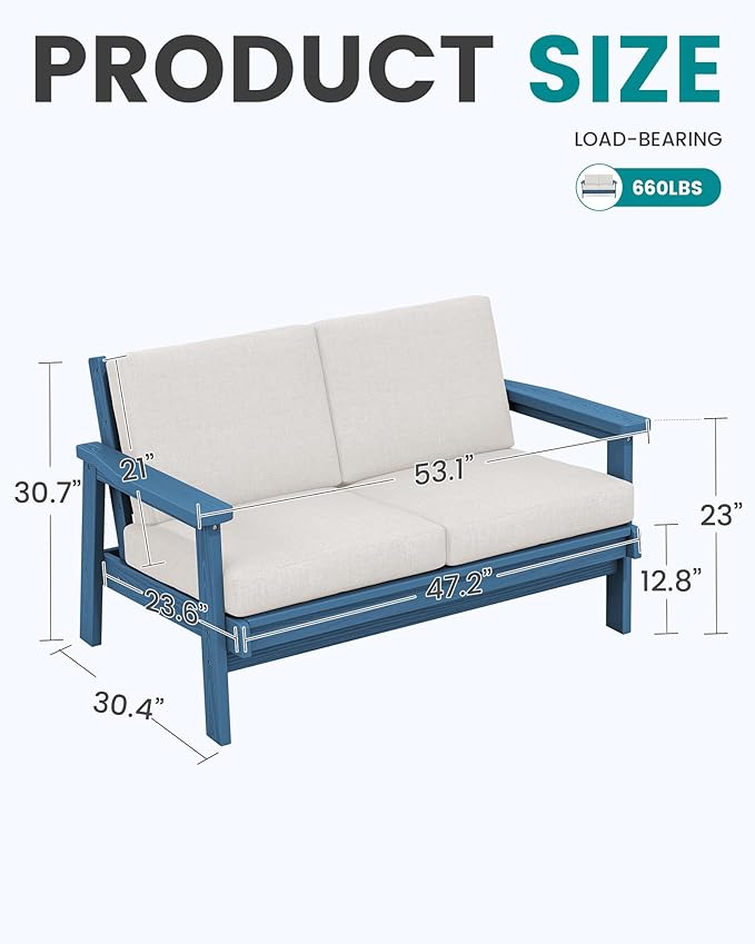SERWALL HDPE Outdoor Patio Loveseat, Blue Frame and Khaki Cushion