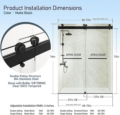 68-72" W x 76" H Shower Door,Frameless Shower Door,Double Sliding Glass Shower Door with 3/8" (10mm) Clear SGCC Tempered Glass, Roller Disc System (Matte Black, 72" Wx76 H-Double Sliding)