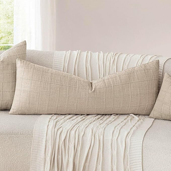 Foindtower Set of 2 Decorative Linen Check Throw Pillow Covers Neutral Farmhouse Lumbar Cushion Covers Modern Boho Home Decor for Sofa Chair Couch Bedroom Living Room,12×24 Inch,Natural Linen