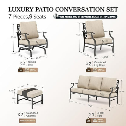 HERA'S HOUSE 7 Piece Patio Furniture Set, 2 x Rocking Chair, 2 x Fixed Chair, 2 x Ottoman, 1 x 3-Seat Sofa, All Cushioned 9 Seats Outdoor Conversation Set for Lawn Garden Backyard