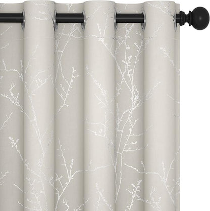 Deconovo Living Room Curtains, Room Darkening Curtain, Thermal Insulated Soundproof Drapes, Silver Branch Print, 52 x 95 Inch Long, Machine Washable Window Panels for Bedroom Office Nursery, Set of 2