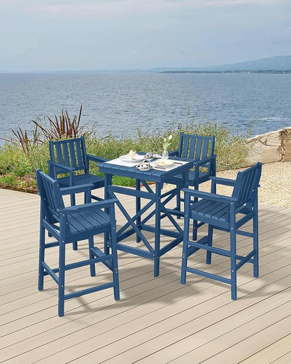 5 Pieces Adirondack Bar Chairs Set, HDPE Patio Bar Height Table and Chairs, Tall Adirondack Outdoor Bar Stools Set, HDPE Patio Bar Table Sets Furniture for Poolside, Balcony, Garden, Navy