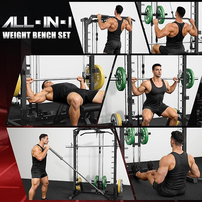 JELENS SR01 Smith Machine, 2000LBS Multi-Function Power Cage with LAT Pulldown System, All-in-One Home Gym Squat Rack with Smith Bar and Training Attachments for Full Body Workouts