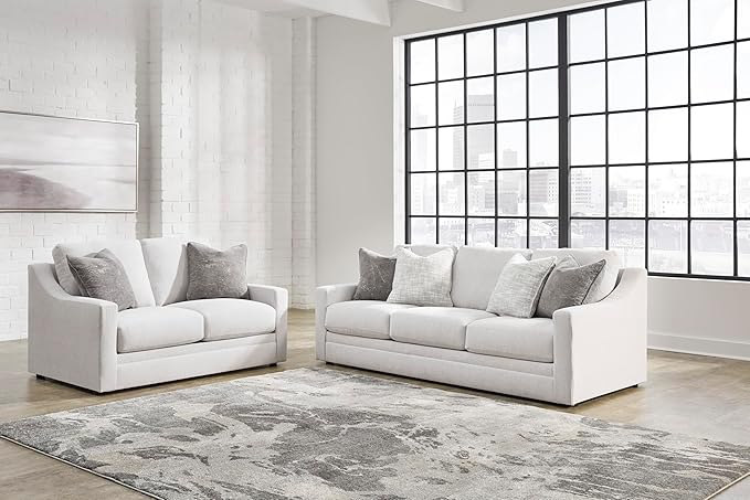 Signature Design by Ashley Maitelynn Contemporary Loveseat with Accent Pillows, Reversible Cushions and Sloped Arms, Light Gray