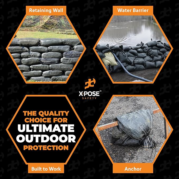 Xpose Safety Heavy Duty Sand Bags with Tie Strings – Empty Woven Polypropylene Sandbags for Hurricane Flood Protection, 100 lb Capacity, 14" x 26", Black, Pack of 25