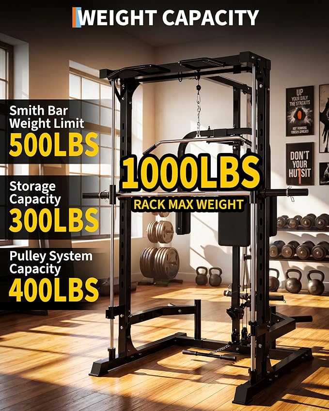 Garvee Smith Machine, Heavy Duty Power Cage Squat Rack with Smith Bar, LAT Pulldown System, Chest Station & More Training Attachment, Home Gym Equipment for Strengthen Training