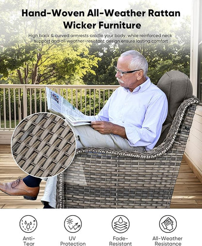 HUMMUH 7 Pieces Wicker Patio Furniture Set with Patio Swivel Chairs Set of 4,High Back Outdoor Sofa Ottomans,6 Inch Thick Cushions Outdoor Conversation Set for Porch, Balcony, Deck