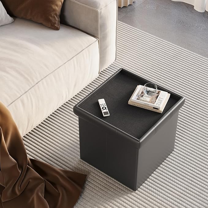 YOUDENOVA 15 inches Folding Storage Ottoman, Cube Storage Boxes, Small Ottoman with Foam Padded Seat, Support 300lbs (Black, Leather)